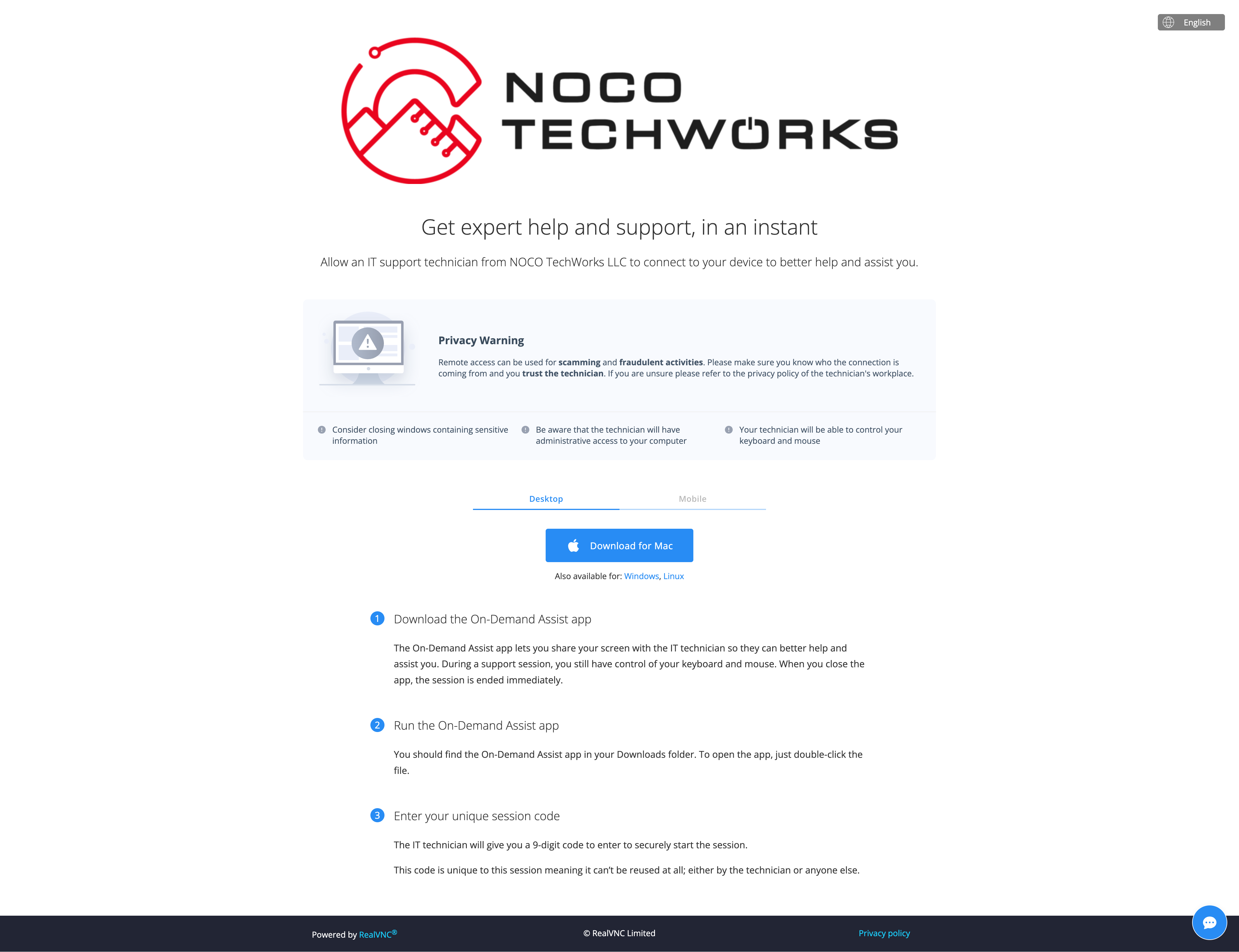 RealVNC Connect secure remote support interface