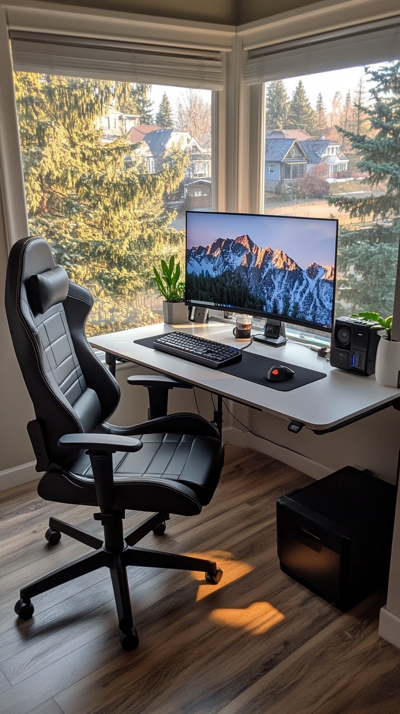 Comfortable home office setup with laptop and chair